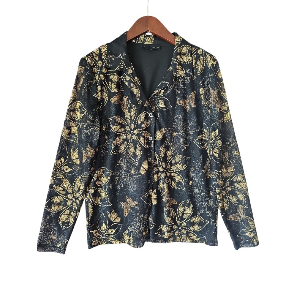 JANE + DELANCEY Women's Long Sheer Sleeves Black Floral Print Button Shirt sz L